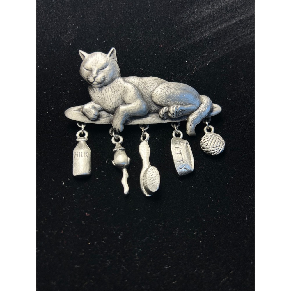 Vintage JJ Jonette Jewelry Pewter Cat Brooch w/ Dangling Charms Milk Mouse Yarn